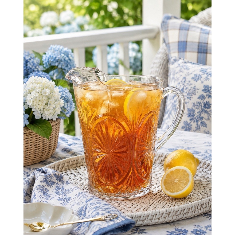 Anchor Hocking Medallion Clear Glass Pitcher Vintage Sunburst Ice Lip Water Jug